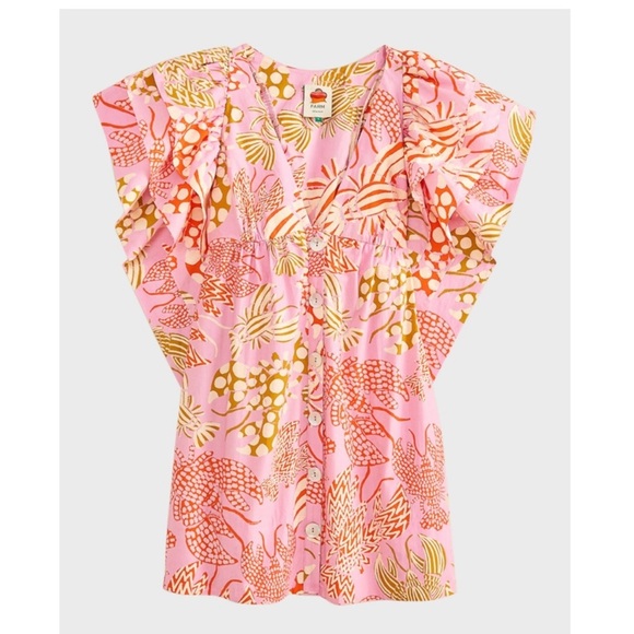 Anthropologie Farm Rio Mixed Lobsters Pink Ruffle Sleeve Mini Dress S - Picture 6 of 14